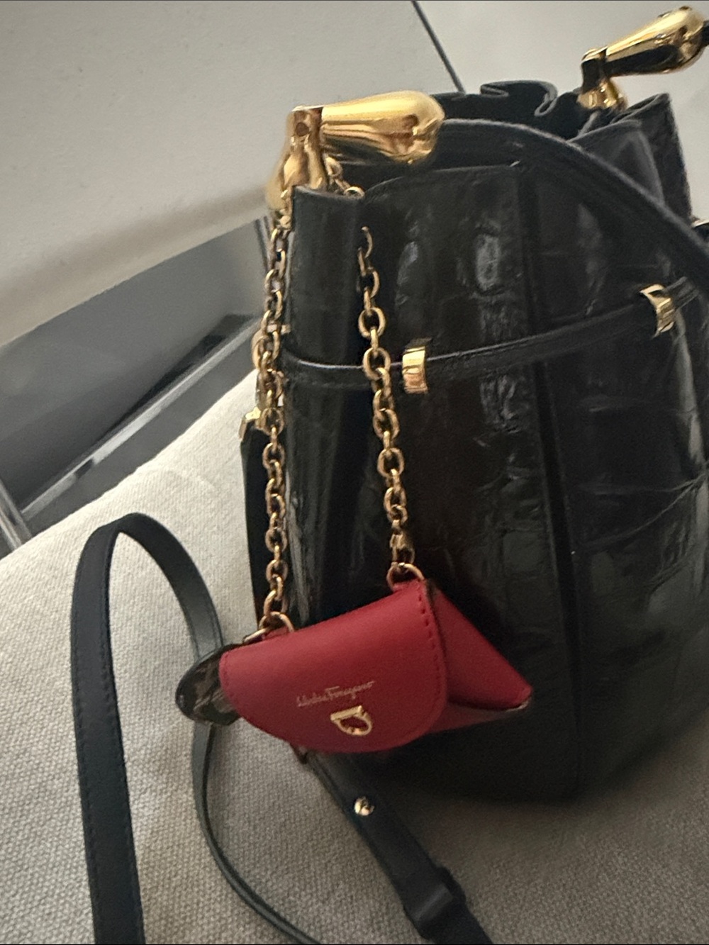 Salvatore Ferragamo Black Croc-Embossed Mini Bucket Bag with Red bag Charm - Picture 4 of 5